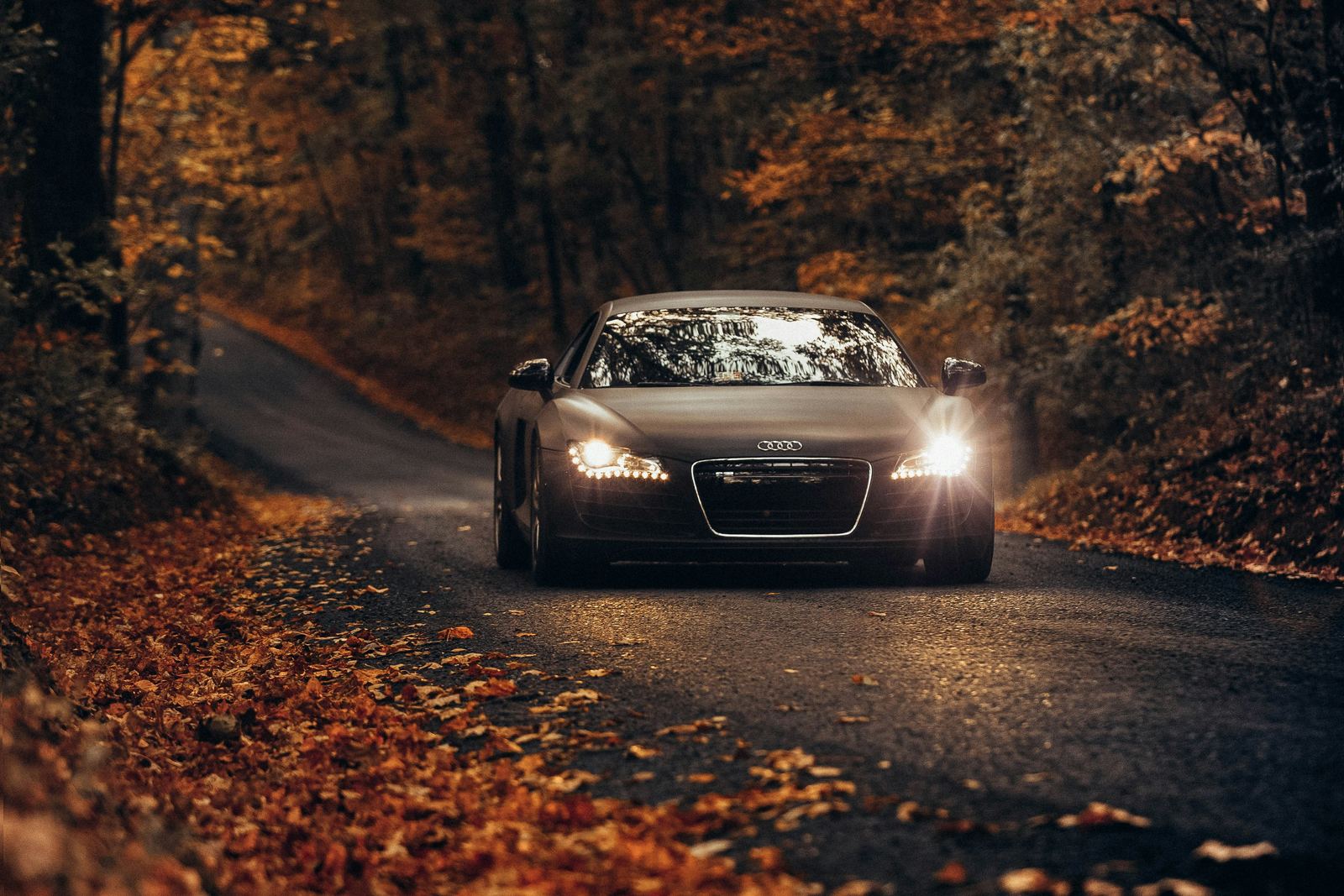 A sports car on a leaf-strewn autumn road