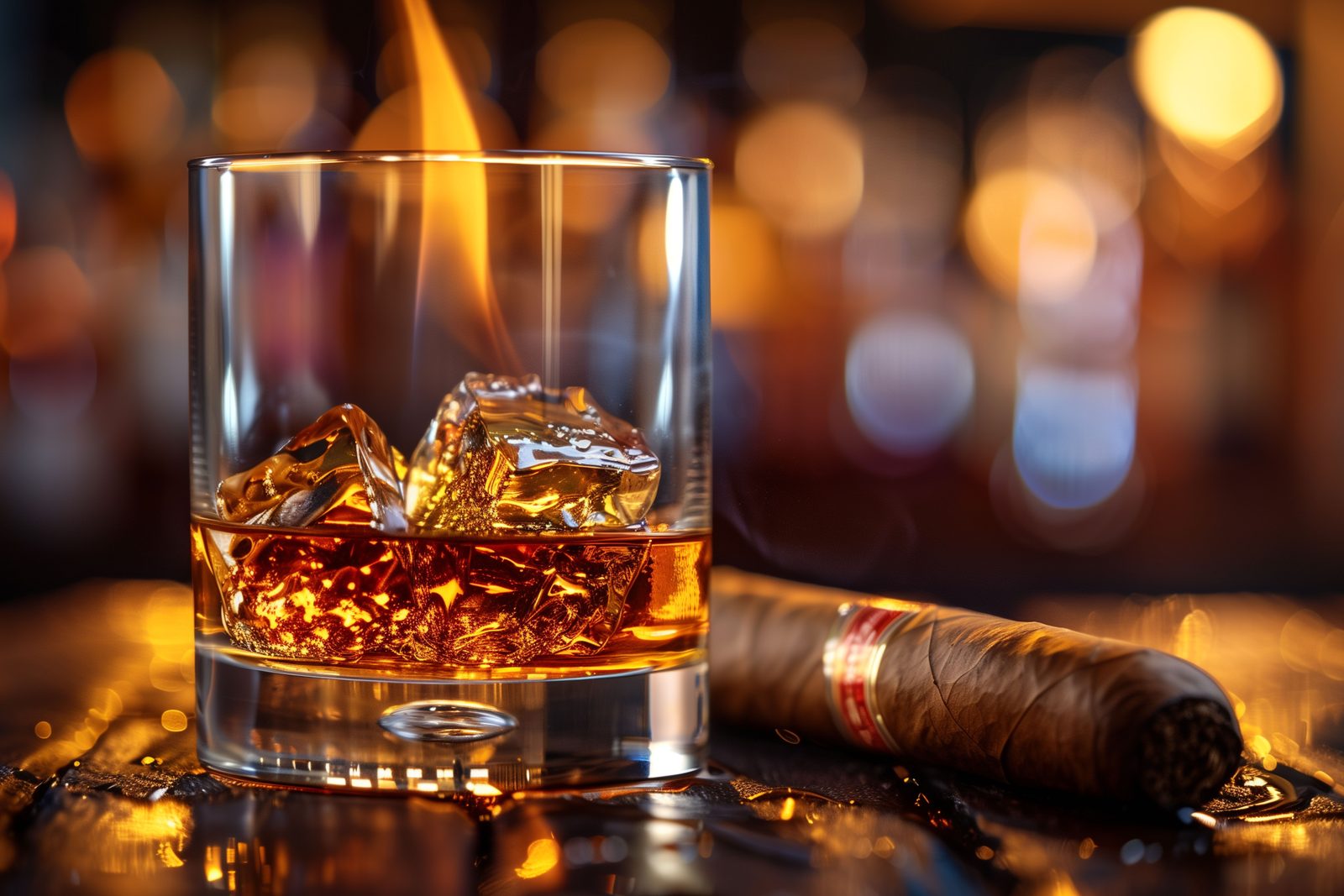 A whisky glass over ice beside a cigar in warm bar light